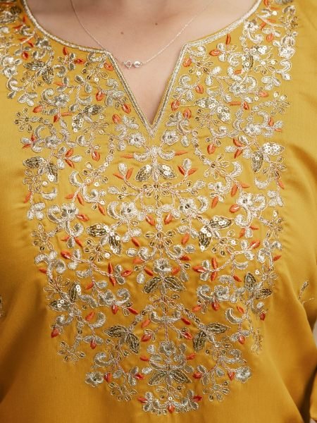 Customizable Yellow Ethnic Chanderi Kurti Pant Set with Embroidery for Boutique Collection  Straight Cut Long Kurtis