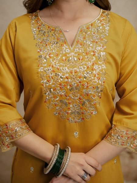 Customizable Yellow Ethnic Chanderi Kurti Pant Set with Embroidery for Boutique Collection  Straight Cut Long Kurtis