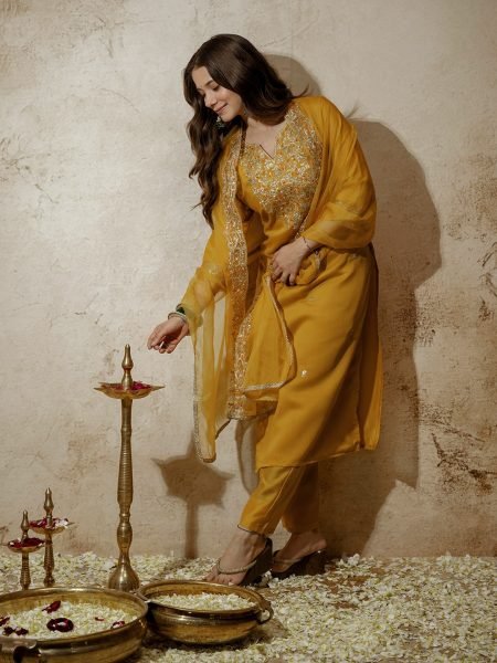 Customizable Yellow Ethnic Chanderi Kurti Pant Set with Embroidery for Boutique Collection  Straight Cut Long Kurtis