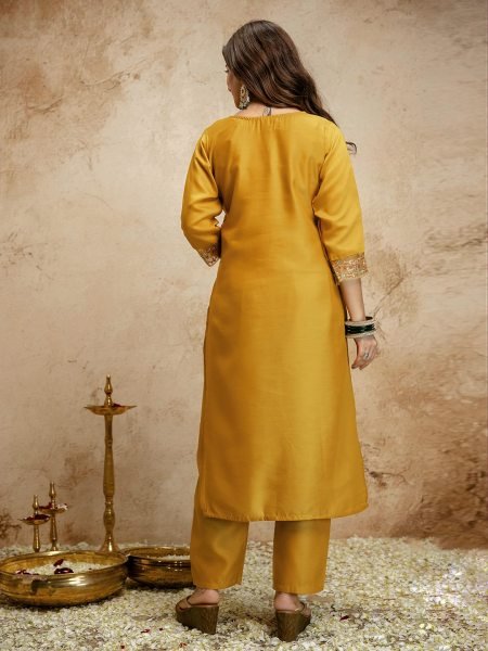 Customizable Yellow Ethnic Chanderi Kurti Pant Set with Embroidery for Boutique Collection  Straight Cut Long Kurtis