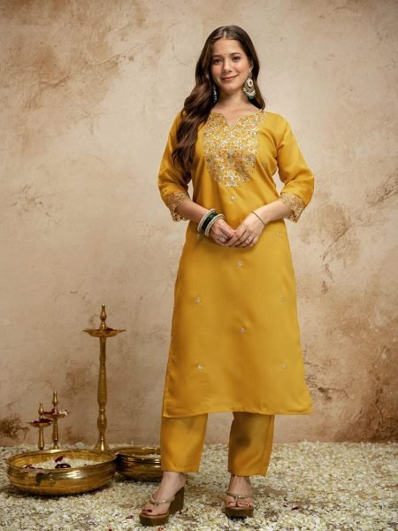 Customizable Yellow Ethnic Chanderi Kurti Pant Set with Embroidery for Boutique Collection  Straight Cut Long Kurtis