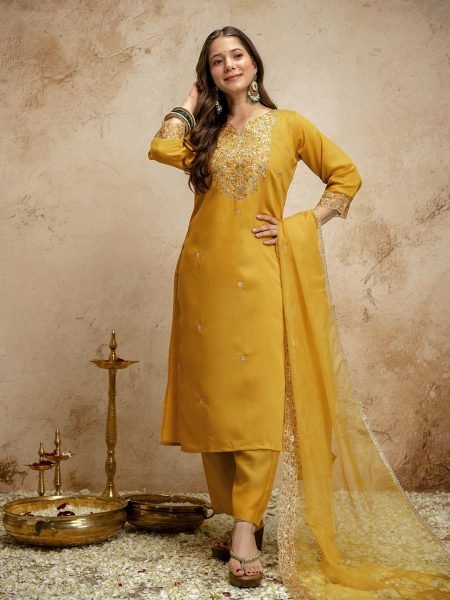 Customizable Yellow Ethnic Chanderi Kurti Pant Set with Embroidery for Boutique Collection  Straight Cut Long Kurtis