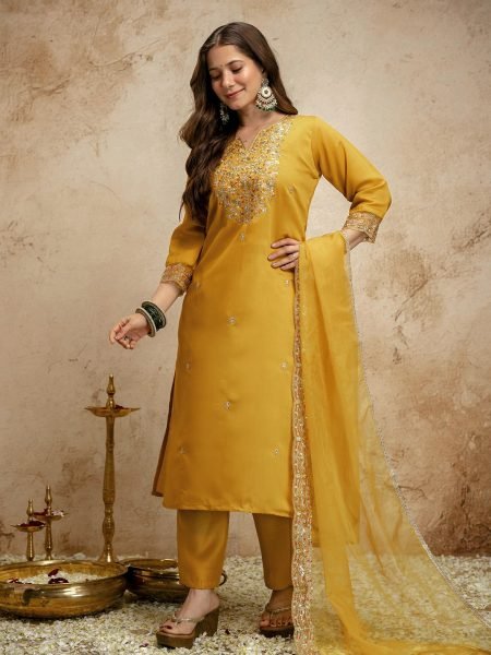 Customizable Yellow Ethnic Chanderi Kurti Pant Set with Embroidery for Boutique Collection  Straight Cut Long Kurtis