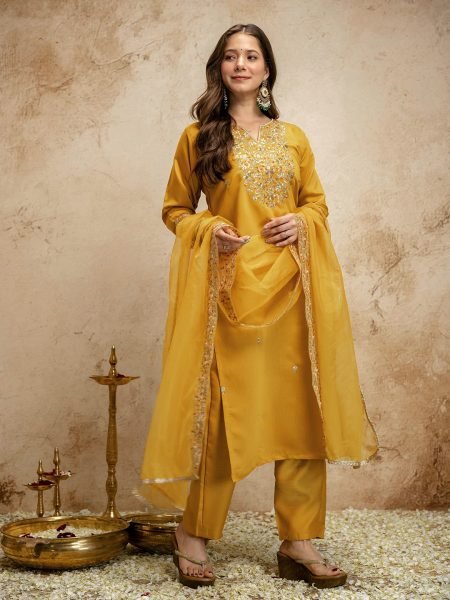 Customizable Yellow Ethnic Chanderi Kurti Pant Set with Embroidery for Boutique Collection  Straight Cut Long Kurtis