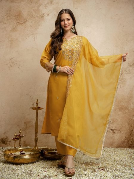 Customizable Yellow Ethnic Chanderi Kurti Pant Set with Embroidery for Boutique Collection  Straight Cut Long Kurtis