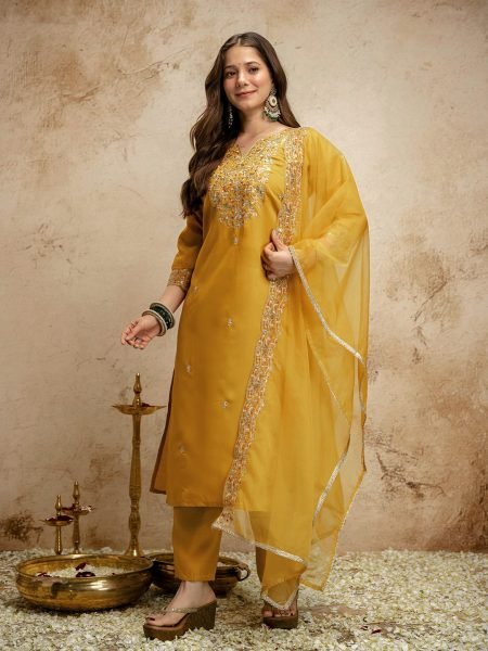 Customizable Yellow Ethnic Chanderi Kurti Pant Set with Embroidery for Boutique Collection  Straight Cut Long Kurtis