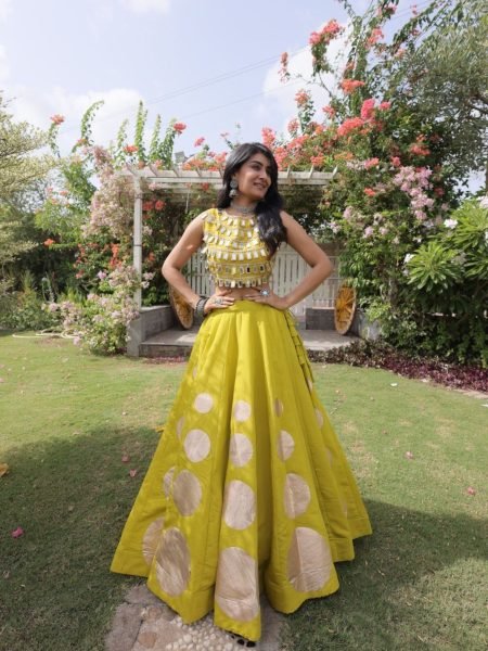 Customizable Yellow Roman Silk Lehenga Choli with Kali Stitching for Dandiya Nights  Lehenga