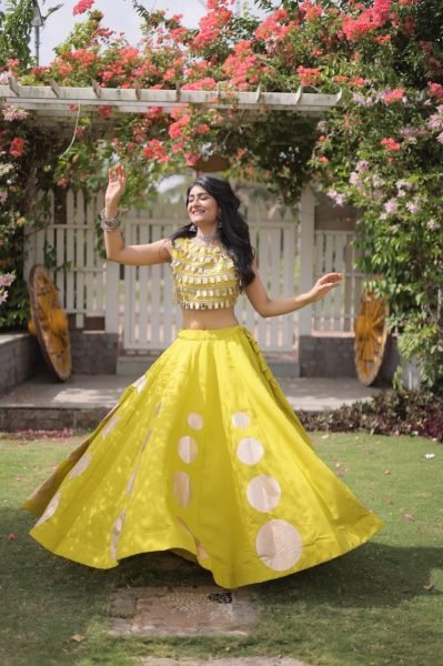 Customizable Yellow Roman Silk Lehenga Choli with Kali Stitching for Dandiya Nights Navratri Lehnega Choli