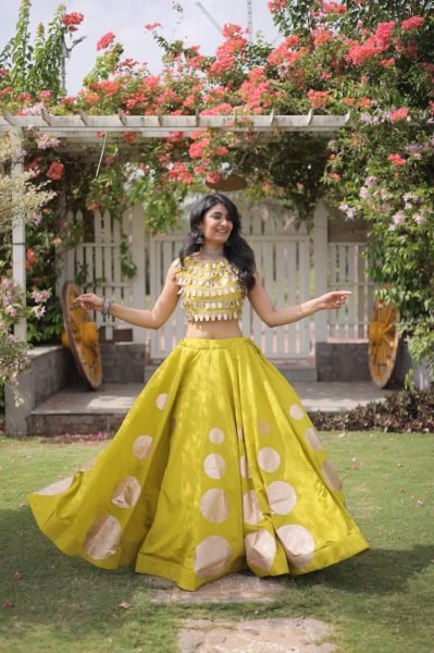 Customizable Yellow Roman Silk Lehenga Choli with Kali Stitching for Dandiya Nights Navratri Lehnega Choli