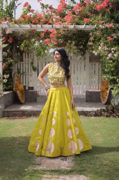 Customizable Yellow Roman Silk Lehenga Choli with Kali Stitching for Dandiya Nights Navratri Lehnega Choli