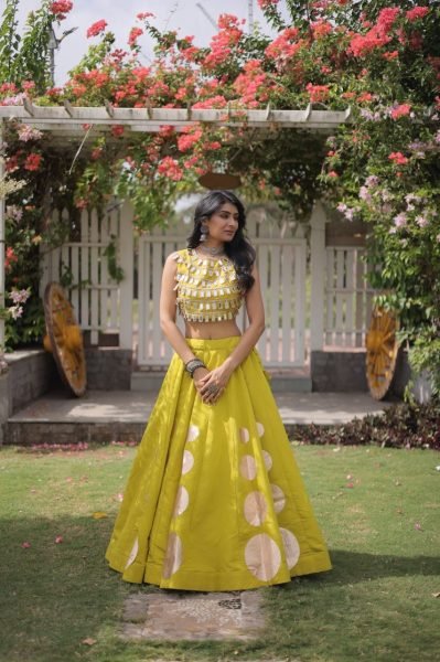 Customizable Yellow Roman Silk Lehenga Choli with Kali Stitching for Dandiya Nights Navratri Lehnega Choli