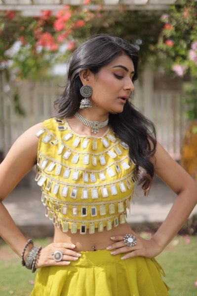 Customizable Yellow Roman Silk Lehenga Choli with Kali Stitching for Dandiya Nights Navratri Lehnega Choli
