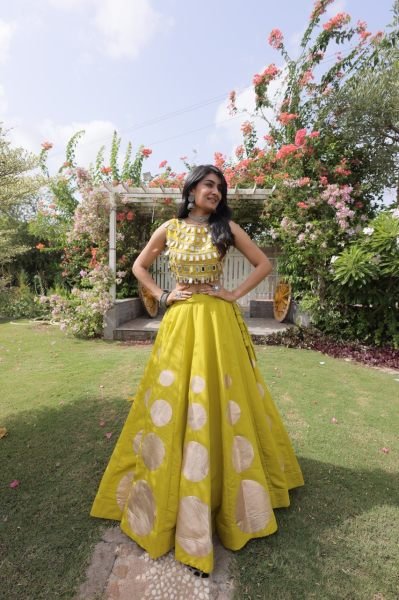 Customizable Yellow Roman Silk Lehenga Choli with Kali Stitching for Dandiya Nights Navratri Lehnega Choli