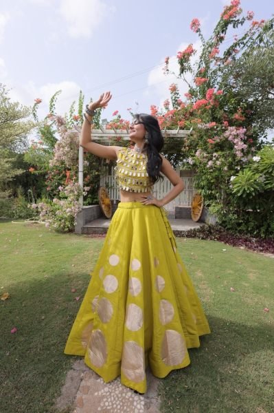 Customizable Yellow Roman Silk Lehenga Choli with Kali Stitching for Dandiya Nights Navratri Lehnega Choli