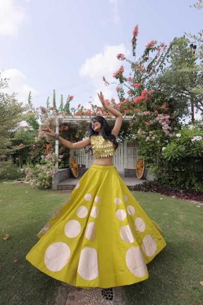 Customizable Yellow Roman Silk Lehenga Choli with Kali Stitching for Dandiya Nights Navratri Lehnega Choli