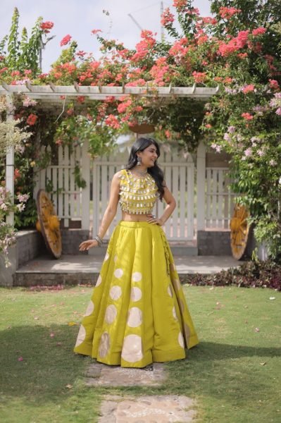 Customizable Yellow Roman Silk Lehenga Choli with Kali Stitching for Dandiya Nights Navratri Lehnega Choli