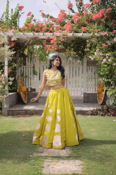 Customizable Yellow Roman Silk Lehenga Choli with Kali Stitching for Dandiya Nights Navratri Lehnega Choli