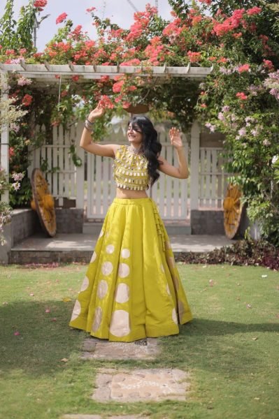 Customizable Yellow Roman Silk Lehenga Choli with Kali Stitching for Dandiya Nights Navratri Lehnega Choli
