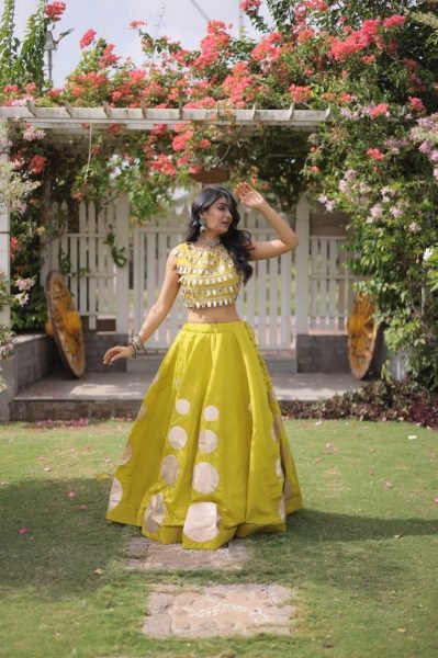 Customizable Yellow Roman Silk Lehenga Choli with Kali Stitching for Dandiya Nights Navratri Lehnega Choli