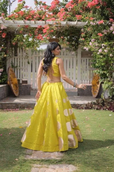 Customizable Yellow Roman Silk Lehenga Choli with Kali Stitching for Dandiya Nights Navratri Lehnega Choli