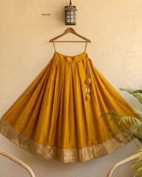 Customizable Yellow Traditional Magenta Box-Pleated Lehenga with Gota Lace Border Navratri Lehnega Choli