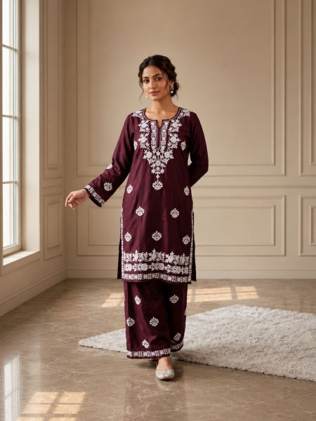 Daily Wear Wine Rayon Kurti Set with Premium Embroidery Work Finish 