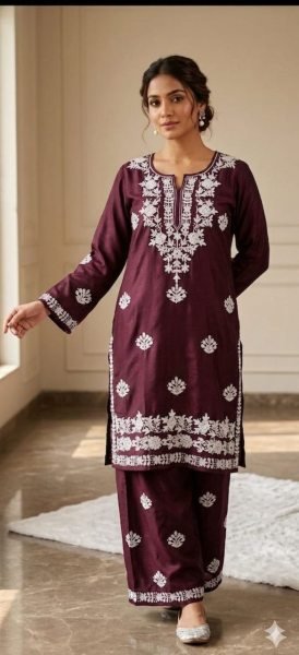 Daily Wear Wine Rayon Kurti Set with Premium Embroidery Work Finish Embroidery Kurtis 