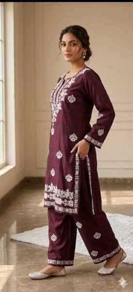 Daily Wear Wine Rayon Kurti Set with Premium Embroidery Work Finish Embroidery Kurtis 