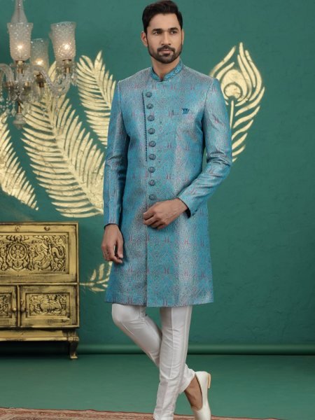Dapper Aqua Blue Designer Hand Embroidered Banarasi Silk Kurta Pajama Set for Women Mens Wear