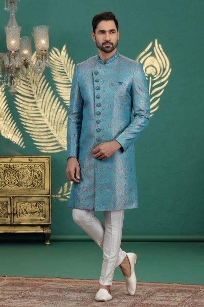 Dapper Aqua Blue Designer Hand Embroidered Banarasi Silk Kurta Pajama Set for Women Kurta Pajama Wholesale