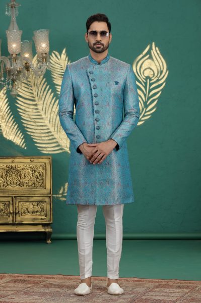 Dapper Aqua Blue Designer Hand Embroidered Banarasi Silk Kurta Pajama Set for Women Kurta Pajama Wholesale