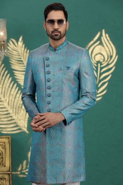 Dapper Aqua Blue Designer Hand Embroidered Banarasi Silk Kurta Pajama Set for Women Kurta Pajama Wholesale