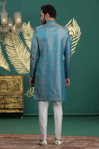 Dapper Aqua Blue Designer Hand Embroidered Banarasi Silk Kurta Pajama Set for Women Kurta Pajama Wholesale