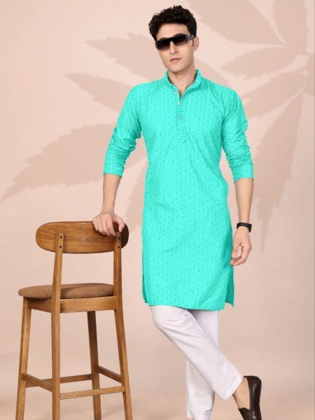 Dapper Aqua Green Cotton Embroidered Kurta with Lucknowi Work for Ethnic Occasions