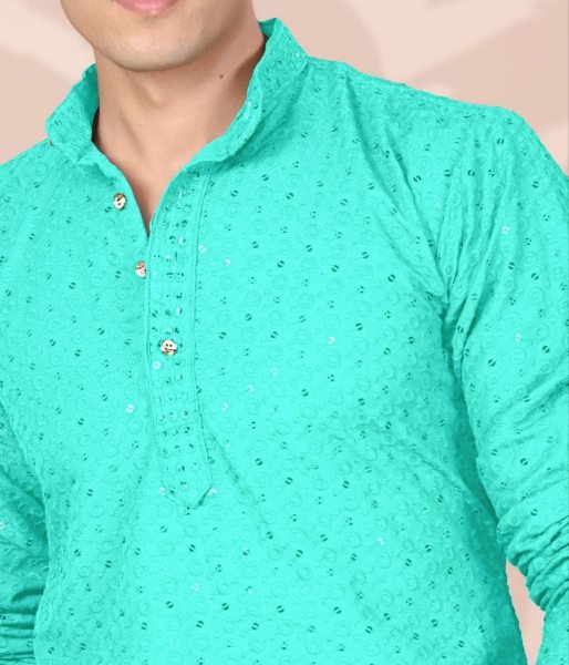 Dapper Aqua Green Cotton Embroidered Kurta with Lucknowi Work for Ethnic Occasions Kurta Pajama Wholesale