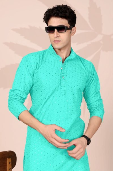Dapper Aqua Green Cotton Embroidered Kurta with Lucknowi Work for Ethnic Occasions Kurta Pajama Wholesale