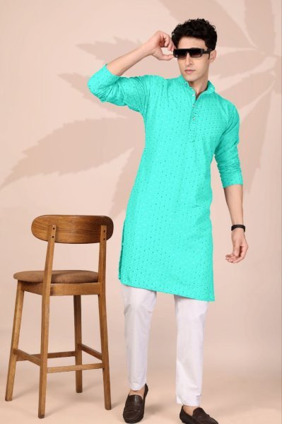 Dapper Aqua Green Cotton Embroidered Kurta with Lucknowi Work for Ethnic Occasions Kurta Pajama Wholesale