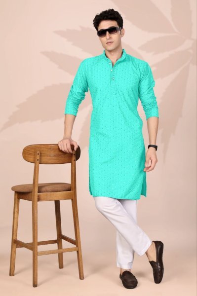 Dapper Aqua Green Cotton Embroidered Kurta with Lucknowi Work for Ethnic Occasions Kurta Pajama Wholesale