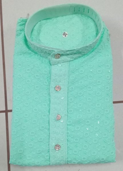 Dapper Aqua Green Cotton Embroidered Kurta with Lucknowi Work for Ethnic Occasions Kurta Pajama Wholesale