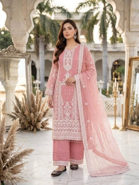 Dapper Baby Pink Designer Faux Georgette Kurti Palazzo Set with Embroidered Dupatta 