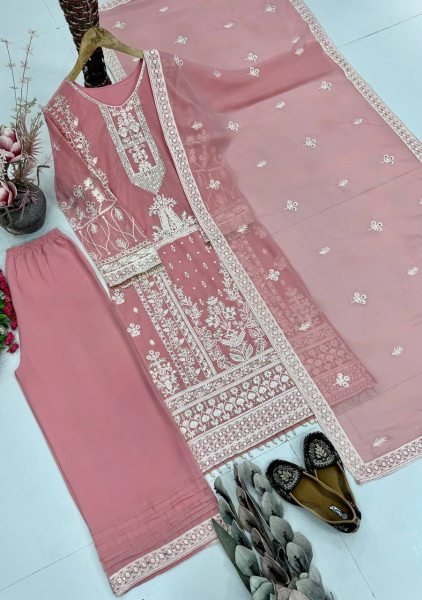 Dapper Baby Pink Designer Faux Georgette Kurti Palazzo Set with Embroidered Dupatta Ready To Wear Collection