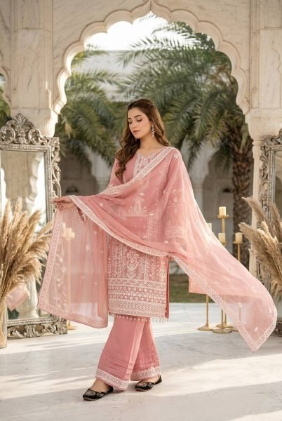 Dapper Baby Pink Designer Faux Georgette Kurti Palazzo Set with Embroidered Dupatta Ready To Wear Collection