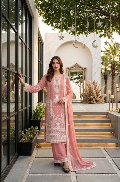Dapper Baby Pink Designer Faux Georgette Kurti Palazzo Set with Embroidered Dupatta Ready To Wear Collection