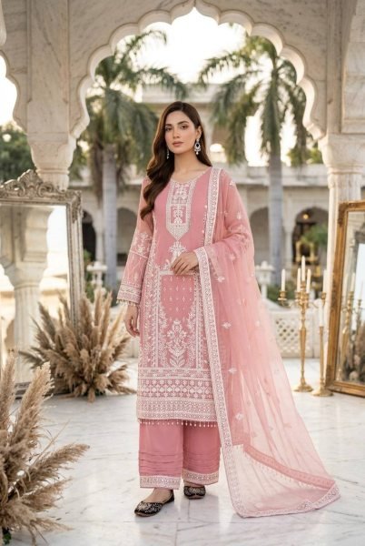 Dapper Baby Pink Designer Faux Georgette Kurti Palazzo Set with Embroidered Dupatta Ready To Wear Collection