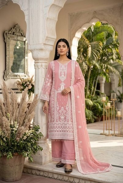 Dapper Baby Pink Designer Faux Georgette Kurti Palazzo Set with Embroidered Dupatta Ready To Wear Collection