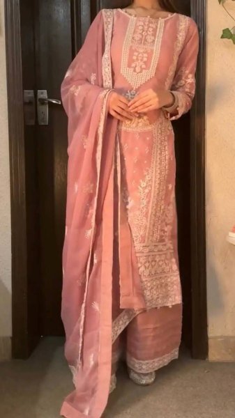 Dapper Baby Pink Designer Faux Georgette Kurti Palazzo Set with Embroidered Dupatta Ready To Wear Collection