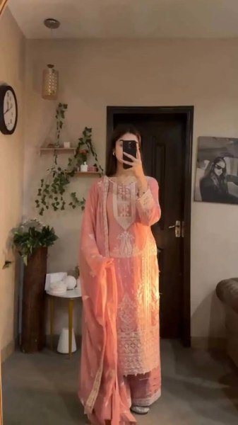 Dapper Baby Pink Designer Faux Georgette Kurti Palazzo Set with Embroidered Dupatta Ready To Wear Collection