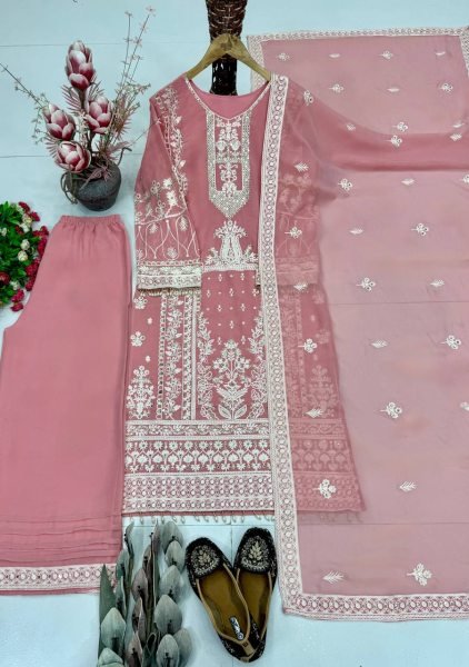 Dapper Baby Pink Designer Faux Georgette Kurti Palazzo Set with Embroidered Dupatta Ready To Wear Collection