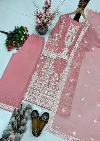 Dapper Baby Pink Designer Faux Georgette Kurti Palazzo Set with Embroidered Dupatta Ready To Wear Collection