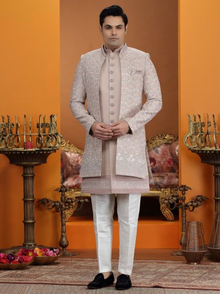 Dapper Baby Pink Elegant Plus Size Art Silk Suit Set with Embroidery Work Design 